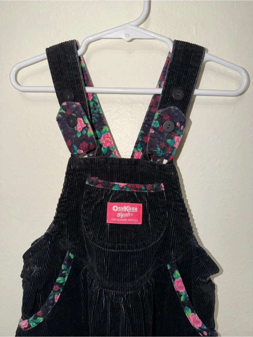 Oshkosh vintage overall dress black and floral pink corduroy 5T